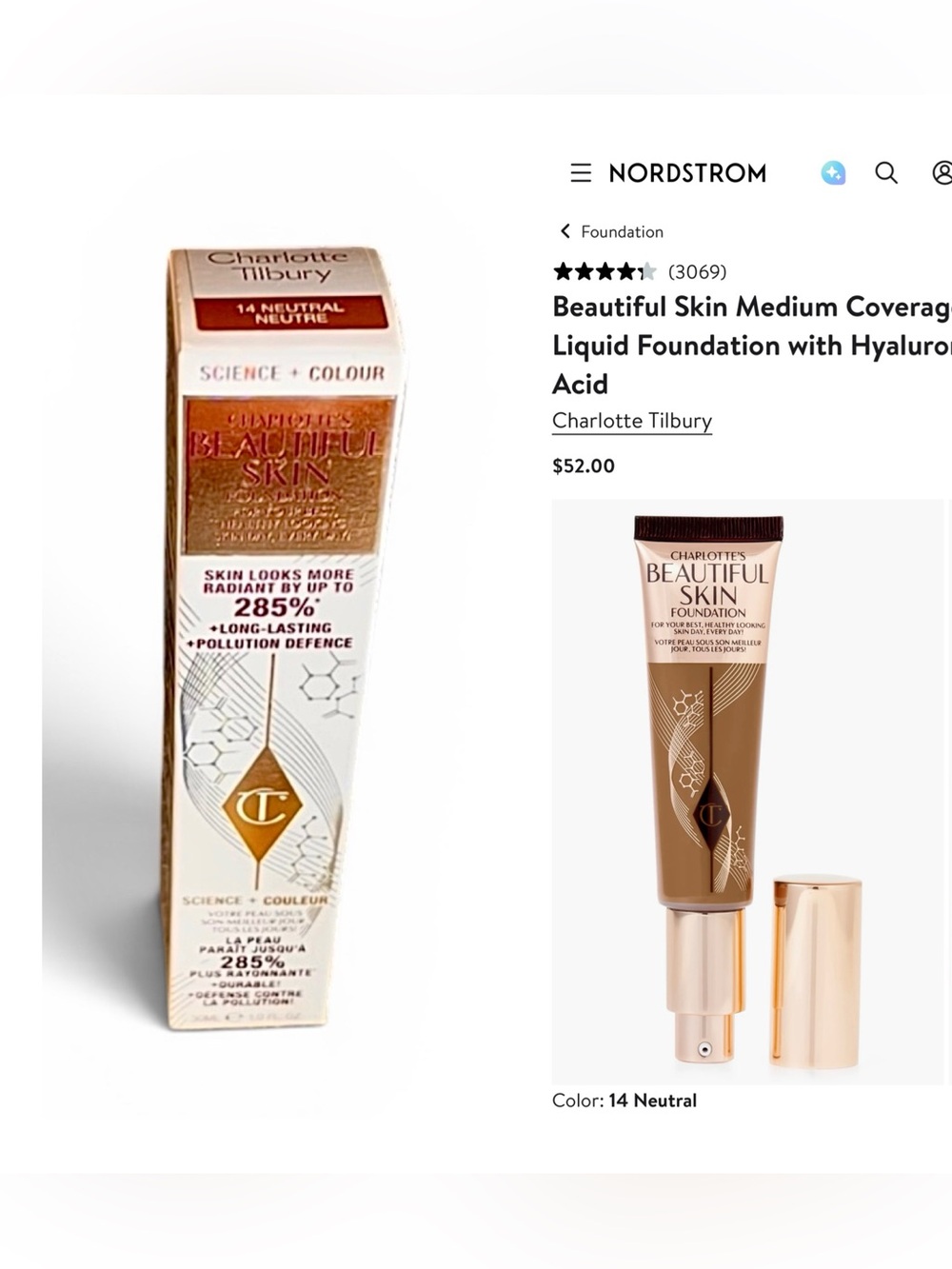 Charlotte Tilbury Beautiful Skin Medium Coverage Foundation Shade 14 Neutral